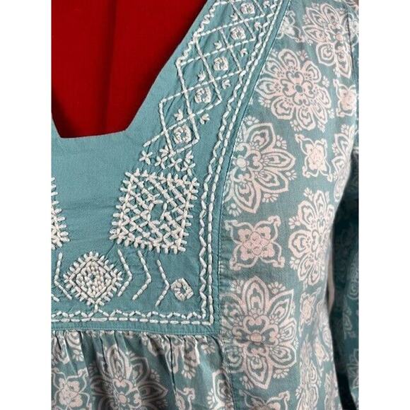 JH COLLECTION 3/4 SLEEVE TURQUOISE/WHITE/ FLORAL V-NECK COTTON TOP!! SZ LARGE - Picture 2 of 9
